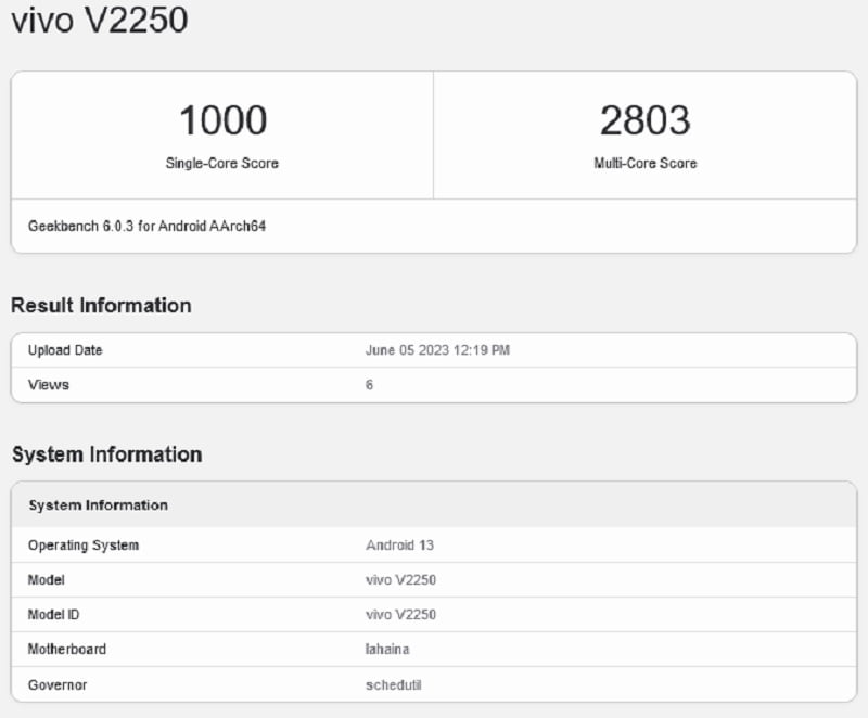 Vivo V29 5G Geekbench Listing
