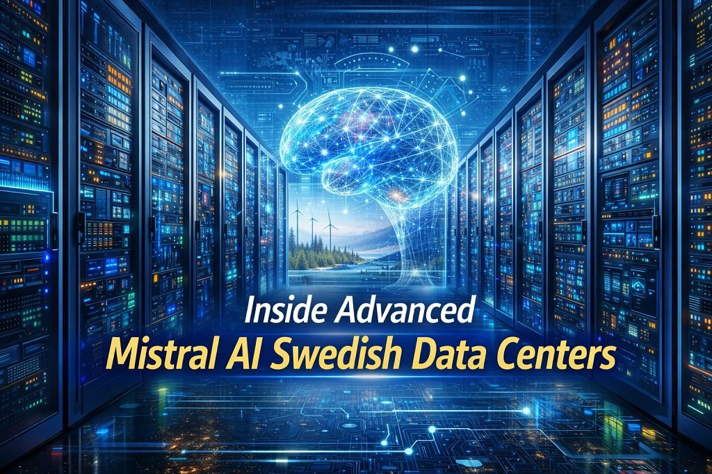 Inside view of Mistral AI Swedish data centers showing server racks, AI holographic data visualizations, snowy Swedish landscapes, and renewable energy turbines